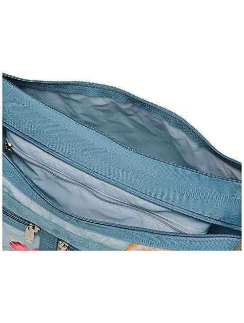 LeSportsac Floral Daydream Deluxe Everyday Crossbody Bag + Cosmetic Bag, Style 7507/Color F901, Pastel Blue Bag Features Full Size Multicolor Blooms in Navy, Light Blue, 