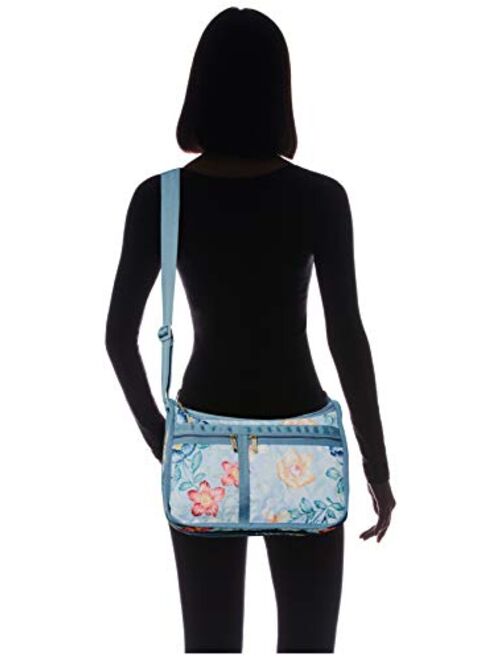 LeSportsac Floral Daydream Deluxe Everyday Crossbody Bag + Cosmetic Bag, Style 7507/Color F901, Pastel Blue Bag Features Full Size Multicolor Blooms in Navy, Light Blue, 
