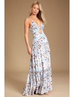 Blooms of Paradise Light Blue Floral Print Sleeveless Maxi Dress