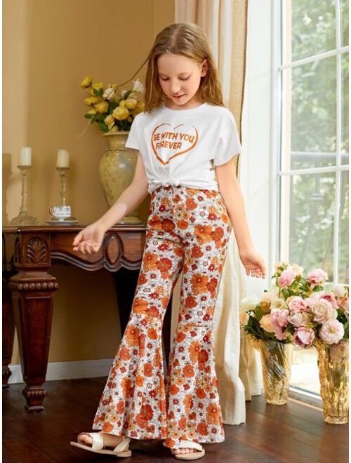SHEIN Girls Slogan Graphic Tee Floral Print Ruffle Hem Pants Set