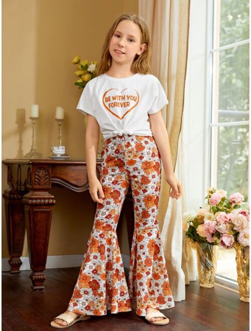 SHEIN Girls Slogan Graphic Tee Floral Print Ruffle Hem Pants Set