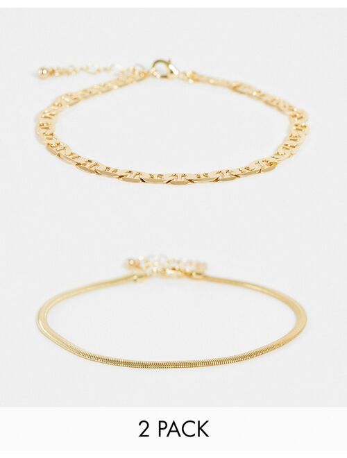 DesignB London pack of 2 vintage style chain anklets in gold tone