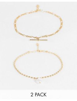 Liars & Lovers pearl drop and chain anklets 2 x multipack in gold