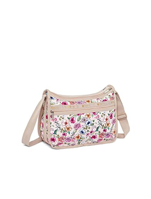 LeSportsac Sunshine Garden Classic Hobo Crossbody Bag + Cosmetic Bag, Style 7520/Color F654, Elegant Multi-Color Vibrant Watercolor Floral, Neutral Cream Trim/Metallic Go