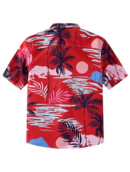 siliteelon Boys Short Sleeve Casual Hawaiian Shirts, Summer Beach Cotton Printed Button Down Shirts for Boy