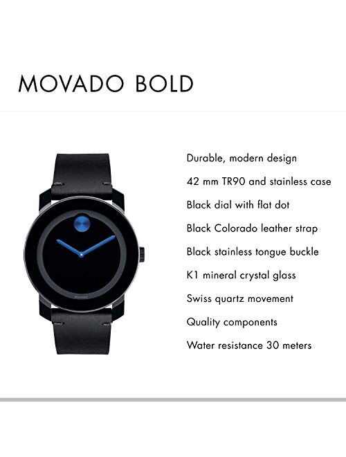 Movado Men's BOLD TR90 Watch with Sunray Dot and Leather Strap, Black/Blue (Model 3600307)