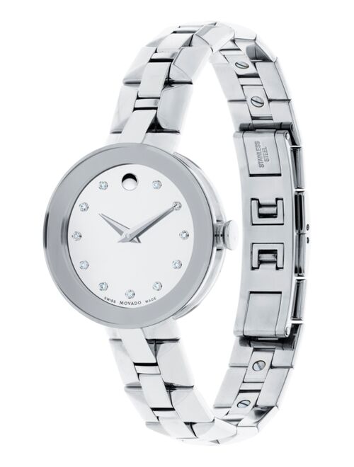 Movado Women's Swiss Sapphire Crystal 
Diamond Accent Stainless Steel Bracelet Watch 28mm 0606814