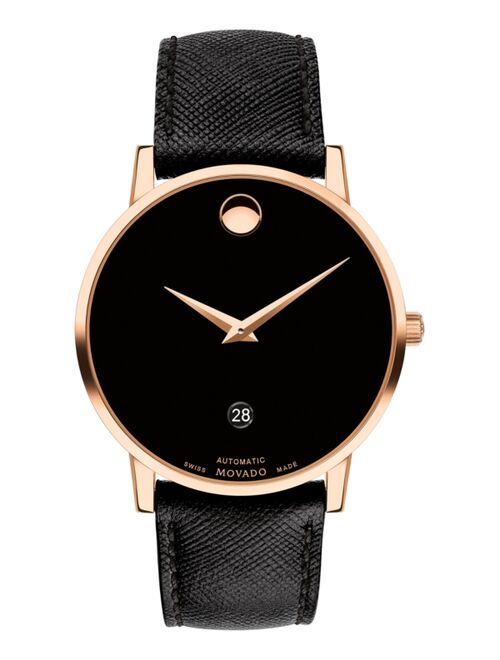 Movado Men's Swiss Automatic Museum Black Calfskin Strap Watch 40mm Style #0607474