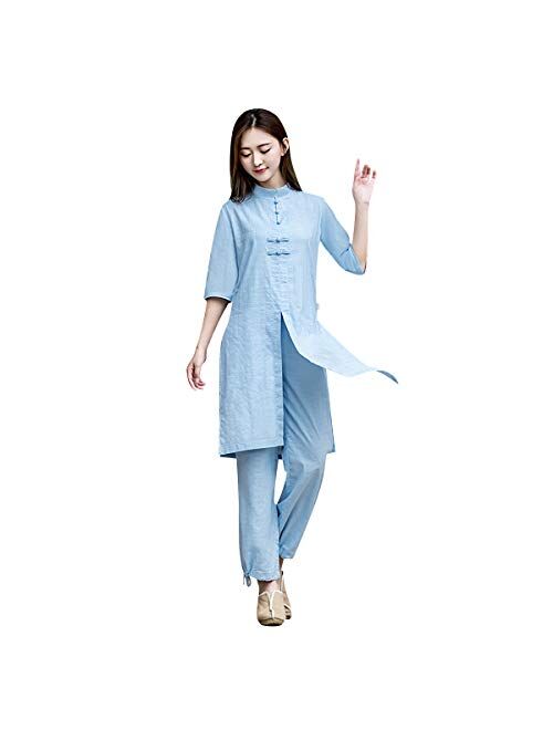 KSUA Traditional Chinese Clothing Womens Tai Chi Suit Linen Hanfu Kung Fu uniform Chinese Meditation Suit with Half Sleeve