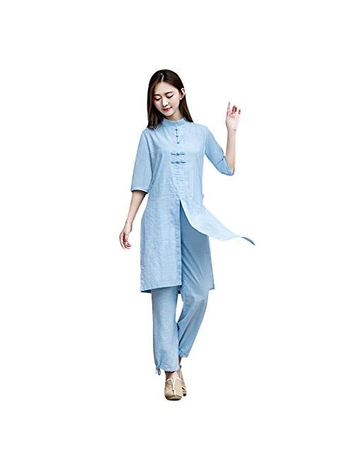 KSUA Traditional Chinese Clothing Womens Tai Chi Suit Linen Hanfu Kung Fu uniform Chinese Meditation Suit with Half Sleeve