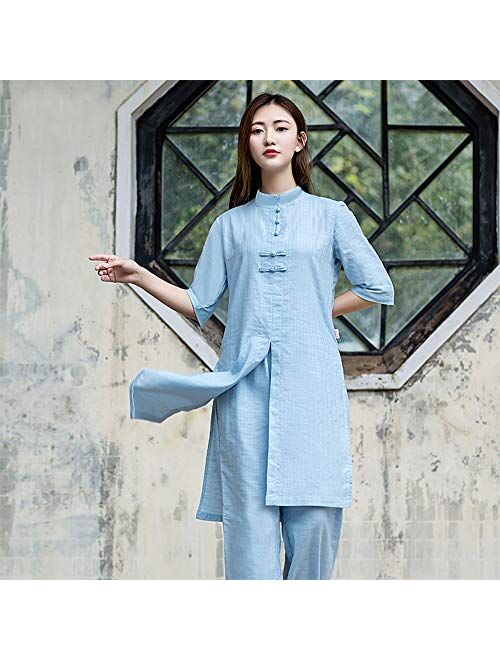 KSUA Traditional Chinese Clothing Womens Tai Chi Suit Linen Hanfu Kung Fu uniform Chinese Meditation Suit with Half Sleeve