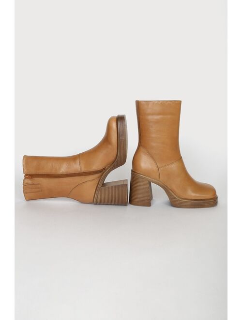 Steve Madden Fantsie Tan Leather Platform Mid-Calf Boots