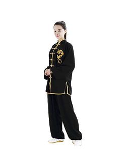 ZooBoo Unisex Cotton and Silk Dragon Embroidery Long Sleeves Tai Chi Uniform Suit Martial Arts Wing Chun Clothing