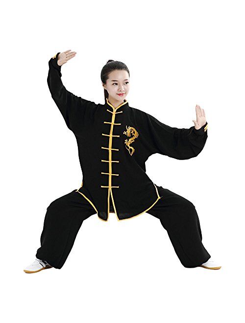 ZooBoo Unisex Cotton and Silk Dragon Embroidery Long Sleeves Tai Chi Uniform Suit Martial Arts Wing Chun Clothing