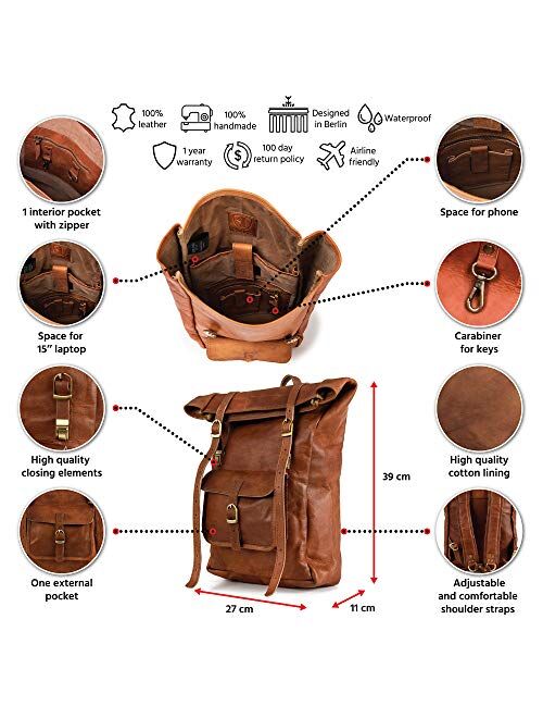 Berliner Bags Vintage Leather Backpack Leeds XL, Large Waterproof Bookbag for Men and Women - Brown
