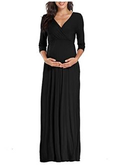 KIM S Maternity Maxi Dress with Flower Sash(S-3XL)/Wrapped Ruched V Neck Photoshoot Baby Shower Dresses