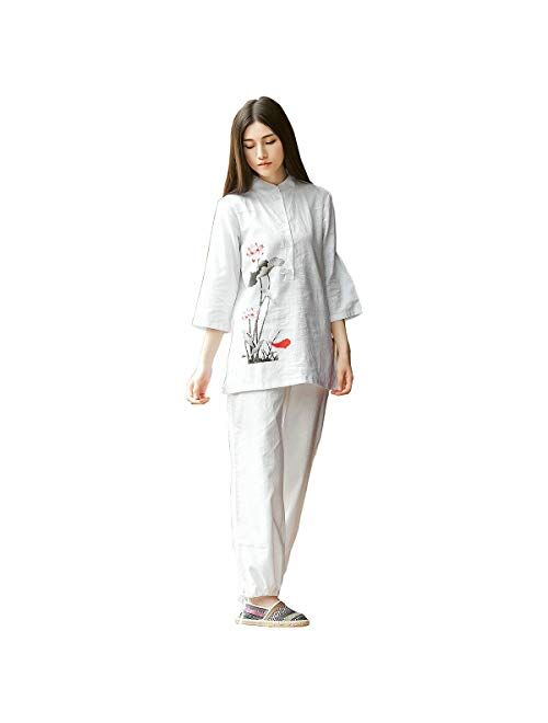 KSUA Womens Zen Meditation Suit Tai Chi Uniform Chinese Kung Fu Clothing Cotton & Linen Yoga Suit