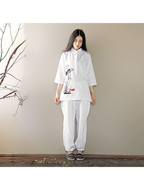 KSUA Womens Zen Meditation Suit Tai Chi Uniform Chinese Kung Fu Clothing Cotton & Linen Yoga Suit