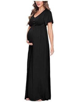 Peauty Button Down Maternity Dress Ruffle Short Sleeve Maxi Dress Baby Shower Maternity Photoshoot Casual
