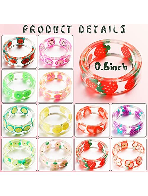 Hicarer 24 Pieces Resin Fruit Rings Set Cute Finger Rings Plastic Resin Ring Colorful Rings Fruit Ring Jewelry for Women and Teen Girl