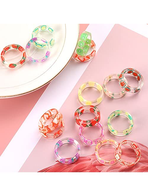 Hicarer 24 Pieces Resin Fruit Rings Set Cute Finger Rings Plastic Resin Ring Colorful Rings Fruit Ring Jewelry for Women and Teen Girl