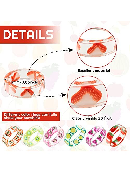 16 Pieces Cute Acrylic Resin Fruit Rings Indie Rings Aesthetic Summer Knuckle Resin Ring Fruit Transparent Resin Ring Colorful Finger Retro Rings for Girls and Women Colo