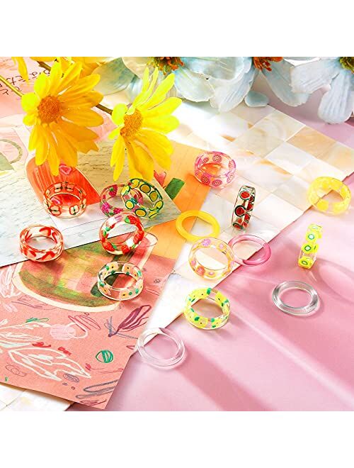 16 Pieces Cute Acrylic Resin Fruit Rings Indie Rings Aesthetic Summer Knuckle Resin Ring Fruit Transparent Resin Ring Colorful Finger Retro Rings for Girls and Women Colo