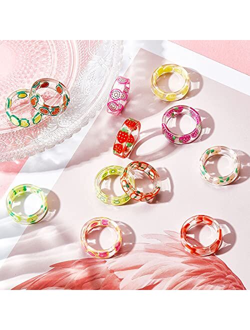 18 Pieces Cute Acrylic Resin Indie Fruit Ring Set for Women Colorful Fruit Ring Strawberry Watermelon Grape Kiwi Pomelo Summer Plastic and Transparent Aesthetic Knuckle R