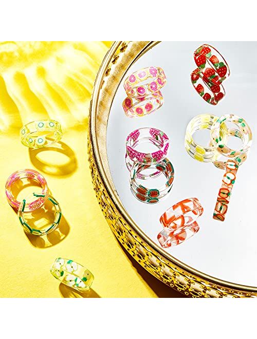 18 Pieces Cute Acrylic Resin Indie Fruit Ring Set for Women Colorful Fruit Ring Strawberry Watermelon Grape Kiwi Pomelo Summer Plastic and Transparent Aesthetic Knuckle R