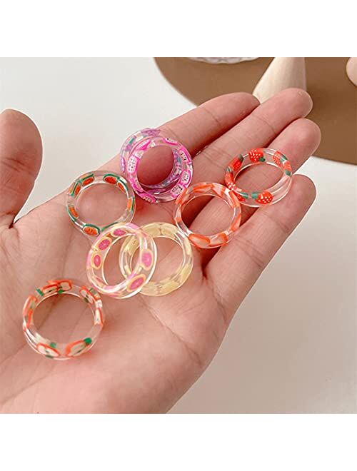 SWERTY Resin Rings Acrylic Cute Rings Set, Colorful Rings Knuckle Transparent Stacking Rings Aesthetic Funny Fruit Plastic Rings Stackable Chunky Ring for Women Girls Gif