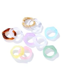 Buleens 10pcs Resin Rings Set for Women Cute Flower Anillos Chunky Acrylic Vintage Plastic Finger Ring Jewelry Stackable Colorful Fruit Clear Fun Enamel Dainty Daisy Size