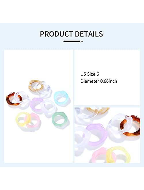 Buleens 10pcs Resin Rings Set for Women Cute Flower Anillos Chunky Acrylic Vintage Plastic Finger Ring Jewelry Stackable Colorful Fruit Clear Fun Enamel Dainty Daisy Size