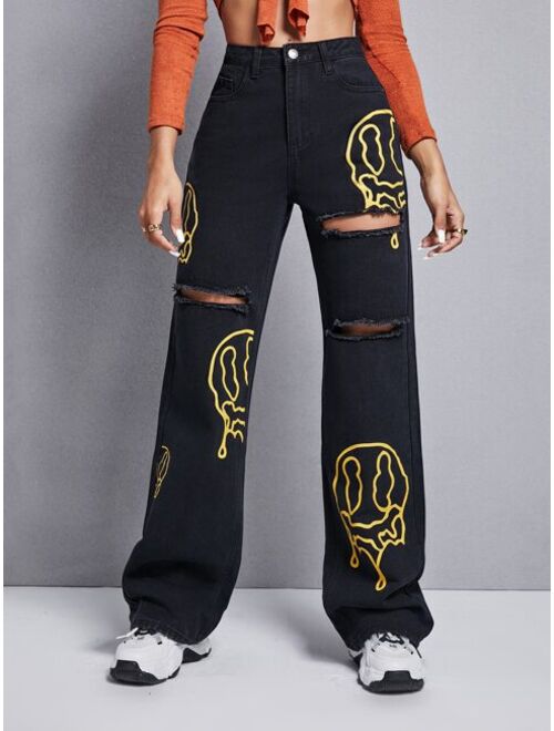 Shein Graphic Print Ripped Wide Leg Jeans