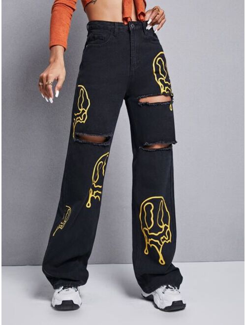 Shein Graphic Print Ripped Wide Leg Jeans