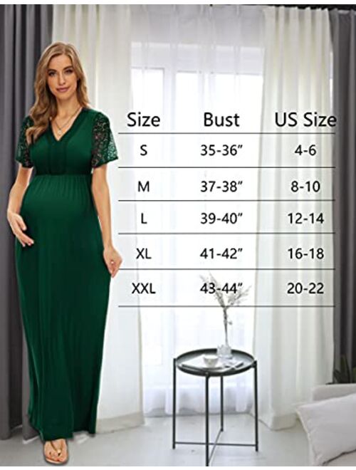 Y Lace Neckline Maternity Dress Lace Short Sleeve Maternity Maxi Dress for Baby Shower Maternity Photoshoot Casual