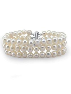Akwaya 3-Row White A Grade 6.5-7mm Freshwater Cultured Pearl Bracelet With rhodium plated base metal Clasp, 7.5 Inches