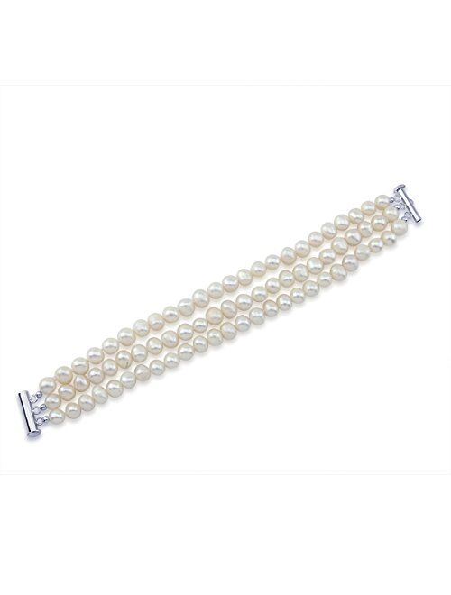 Pearlpro 3-Row White A Grade 6.5-7mm Freshwater Cultured Pearl Bracelet with Base Metal Clasp, 8"