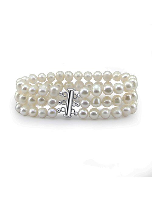 Pearlpro 3-Row White A Grade 6.5-7mm Freshwater Cultured Pearl Bracelet with Base Metal Clasp, 8"