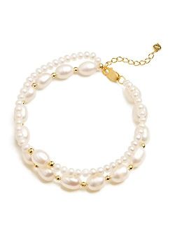 Pearlsays Natural Pearl Bracelets for Women 925 Sterling Silver Plated with Real Gold Layered Bracelets Jewelry for Women Gifts AAAA Quality Real White Freshwater Pearls 