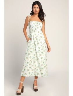 Best Bliss Green Floral Print Tie-Strap Midi Dress With Pockets