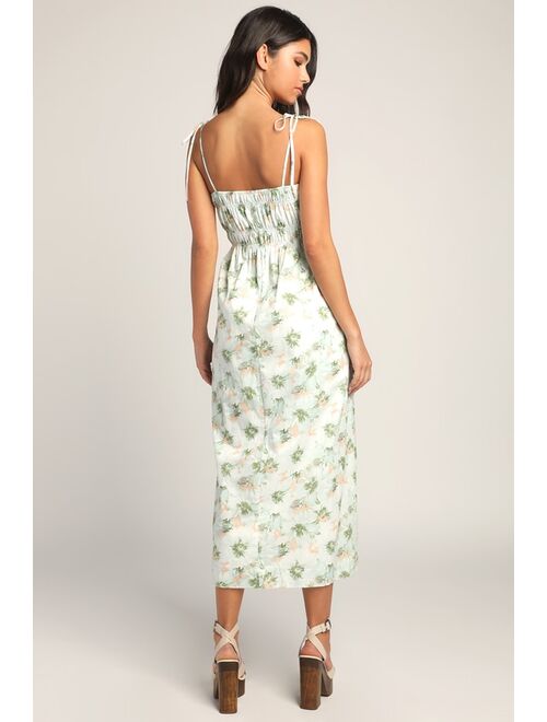 Lulus Best Bliss Green Floral Print Tie-Strap Midi Dress With Pockets
