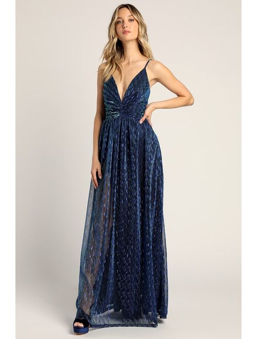Lulus Beaming with Glam Blue Lurex Sleeveless Maxi Dress