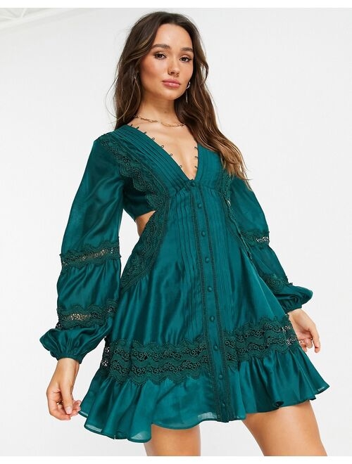 ASOS DESIGN voile mini dress with Guipire lace trim and lace-up back in green