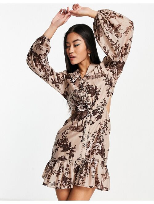 ASOS DESIGN printed voile cut out mini dress with button front and collar detail
