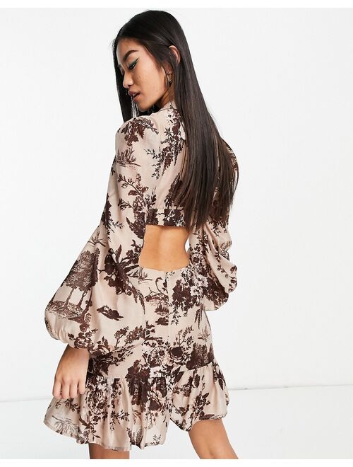 ASOS DESIGN printed voile cut out mini dress with button front and collar detail