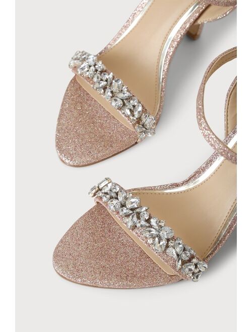 Jewel by Badgley Mischka Ojai Rose Gold Glitter Rhinestone Ankle Strap High Heel Sandals