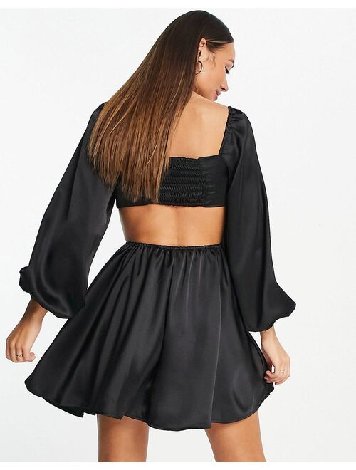 Flounce London mini baby doll dress with cutout detail in black satin