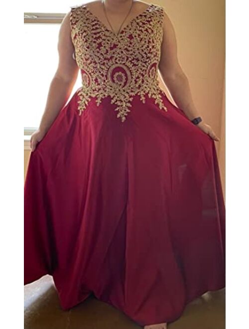 Molisa Appliques Prom Dresses Long V Neck Satin Evening Dress Formal Party Ball Gown with Pockets