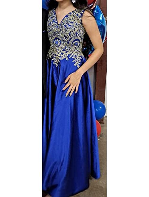 Molisa Appliques Prom Dresses Long V Neck Satin Evening Dress Formal Party Ball Gown with Pockets