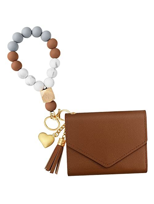 Dgdfldgc Elastic Silicone Beads Wristlet Keyring with Card Pocket Beaded Keychain Bracelet Wristlet Wallet